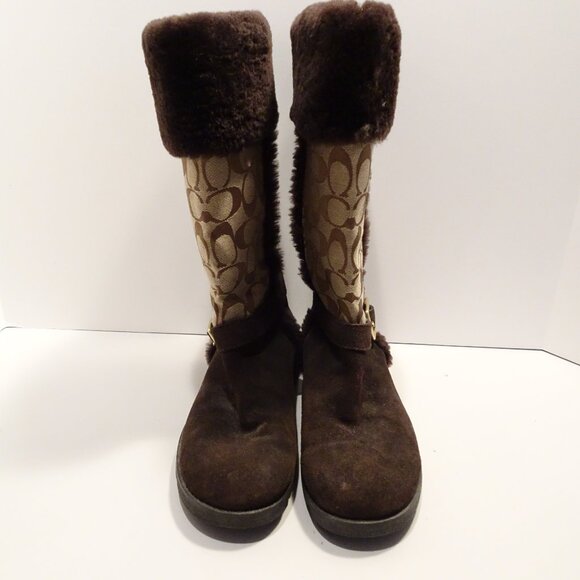 COACH DeeAnn Brown Suede Fur Trimmed Boots Size 8 Monogram Jacquard - Picture 2 of 9